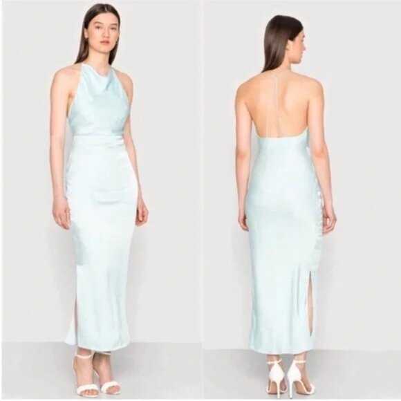 SAMSOE SAMSOE Linea Maxi Halter Dress Iced Aqua Size Med NWT Textured High Neck - Picture 1 of 9